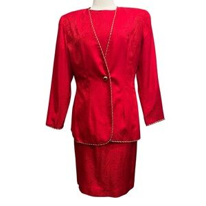Adrianna Papell Too Dress Suit Set 2pc Silk Gold & Red Rope Trim Career Formal